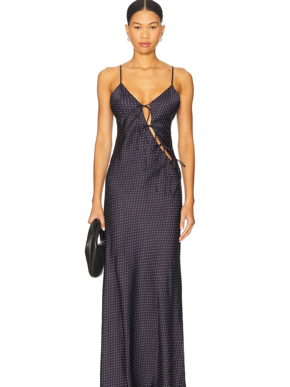 Lioness Polka Dot Lace-Up Slip Maxi Dress in Navy